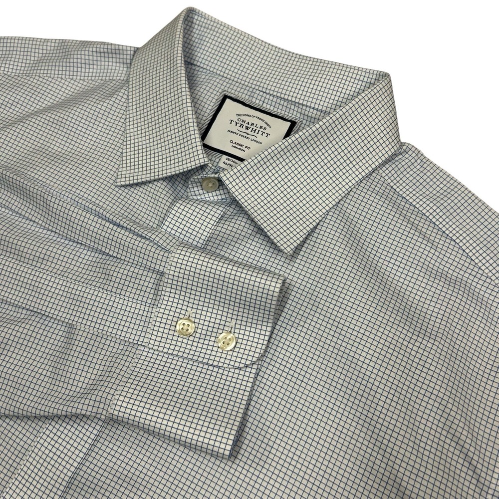 Charles Tyrwhitt Dress Shirt Mens 18 36 White Blue Plaid Classic Fit Button Up